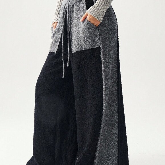 Black Casual Women's Contrast Color Casual Wide Leg Pants - Picture 5 of 11